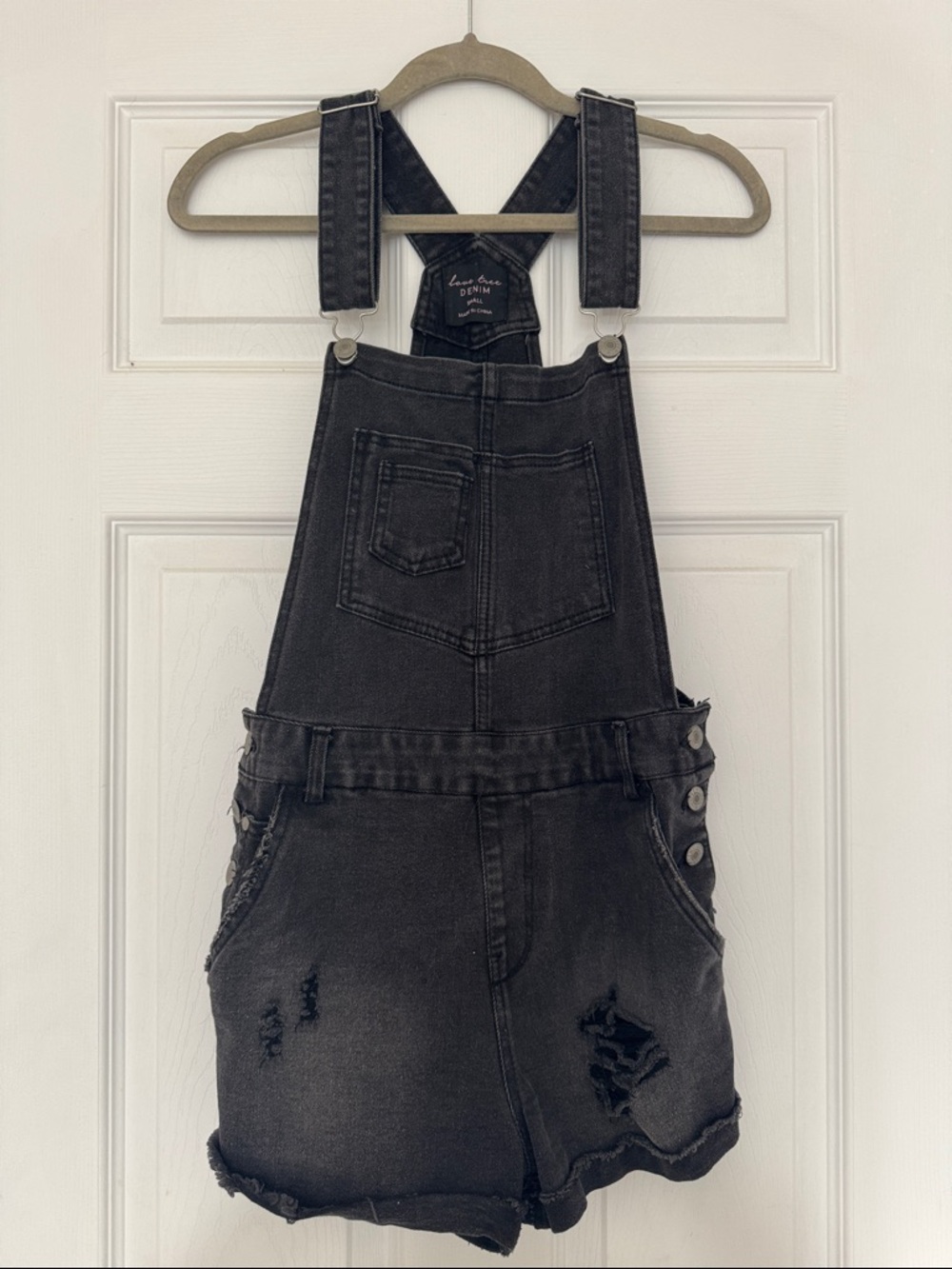 Black Distressed Denim Short Overalls